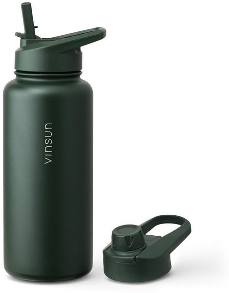 Vinsun Isolierflasche Edelstahl Trinkflasche 1L Strohhalm - 2 Deckel Thermoflasche BPA frei, Doppelwandig isoliert, auslaufsicher, bruchsicher, Geruchsneutral