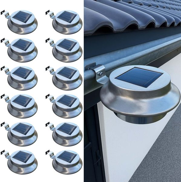 BURI Solar Edelstahl Dachrinnenleuchten 12er Set | Außenleuchte LED Warmweiß | Solarleuchten wetterfest IP44 | Gartenbeleuchtung kabellos mit Dämmerungssensor