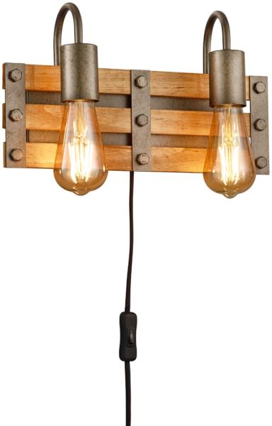 LED Wandlampe 2flammig, Holz & Metall mit Schalter und Stecker, Breite 35cm