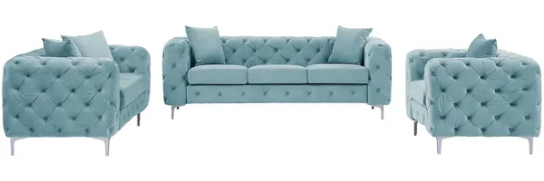Vente-unique - EDWINA Sofa and armchair set SamtStoff Blau - B 91 cm x H 76 cm x L 162 cm106 cm220 cm