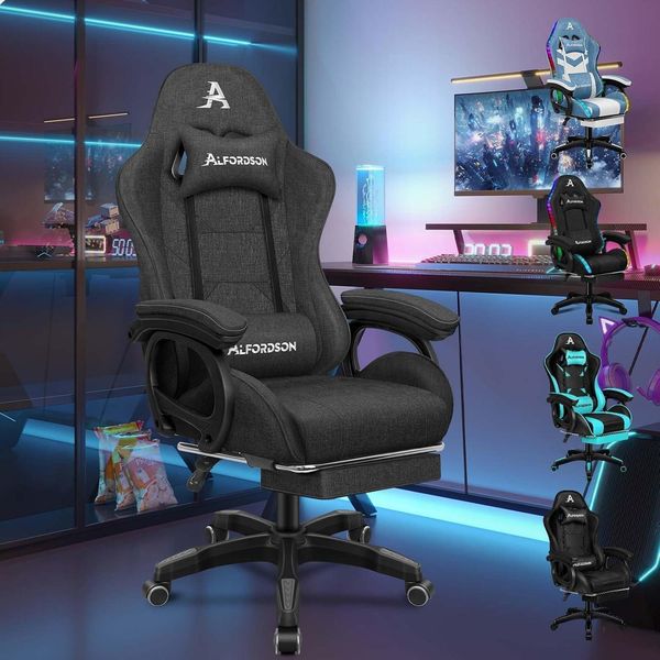 Gaming Stuhl Racing Gamer mit 2 Punkt Massage Lendenkissen Höhenverstellbar Grau