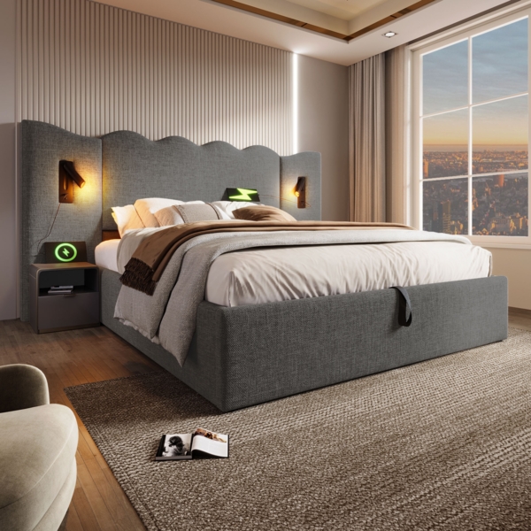 Polsterbett 160x200 cm Leinenstoff Wellenkopfteil mit Stauraum, USB/Type-C Ladefunktion & drehbarer Leselampe,Grau