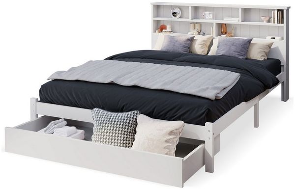 Sweiko Massivholzbett, Doppelbett mit Bücherregal, Schubladen und Lattenrost, 140*200cm