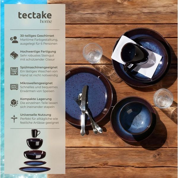 tectake Geschirr-Set Kombiservice (30-tlg), 6 Personen, Steingut, für 6 Personen, handgefertigt