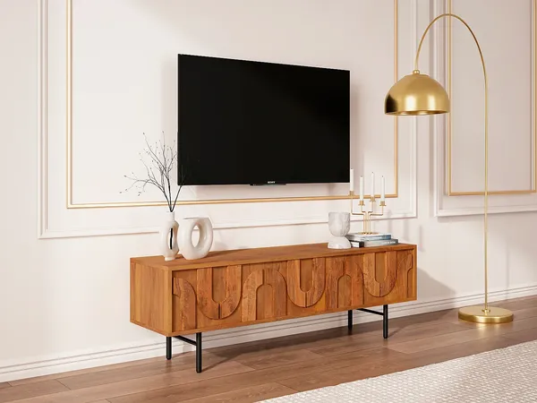 Vente-unique - TV-Möbel mit 3 Türen - Mangoholz & schwarzes Metall - Holzfarben - MIZORAM