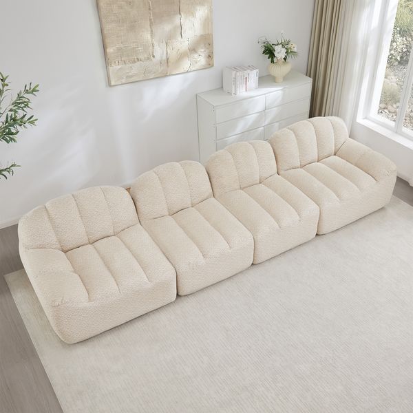 Ecksofa modular mit tiefer Sitzfläche, Granular Fleece in Beige White, rahmenloses Design,79x366x104 cm