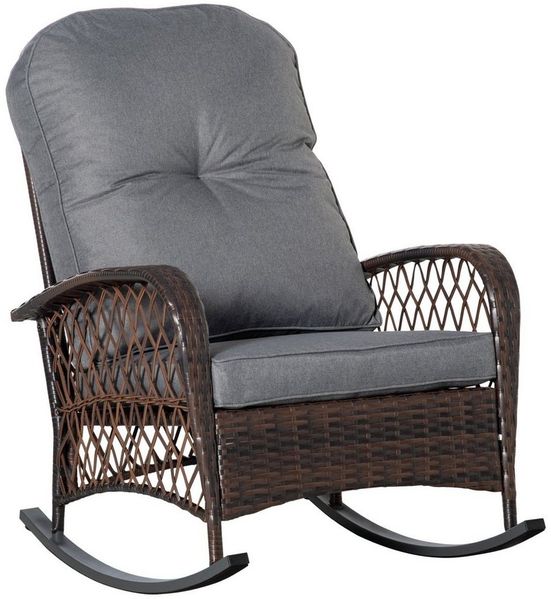 Outsunny Schaukelstuhl Gartenstuhl mit Kissen (Poly Rattan Schaukelstuhl, 1 St), Braun 75 x 98 x 91 cm