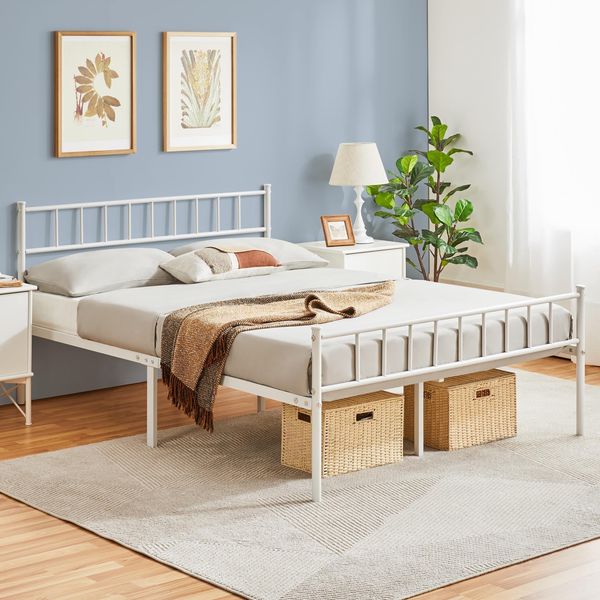 Yaheetech Metallbett 140x200 cm Bettrahmen mit Kopfteil Bettgestell aus Metall Gästebett mit Lattenrost für Schlafzimmer Gästezimmer Weiß