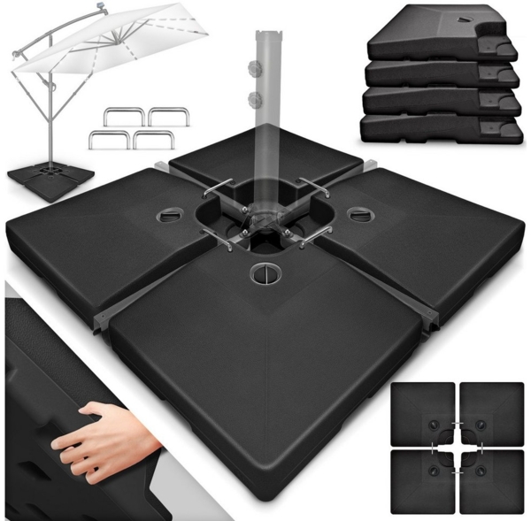 tillvex® Sonnenschirmständer Schwarz 90 Liter / 120 kg – 4-teilig für Ampelschirm inkl. Metallverbinder | Schirmgewicht befüllbar mit Wasser oder Sand | Schirmständer Ampelschirmständer wetterfest