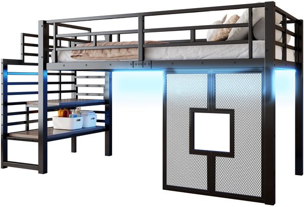 90x200 cm großes Metall-Hochbettgestell mit Treppe, Stauraum, LED-Beleuchtung und Fenstern, Schwarz