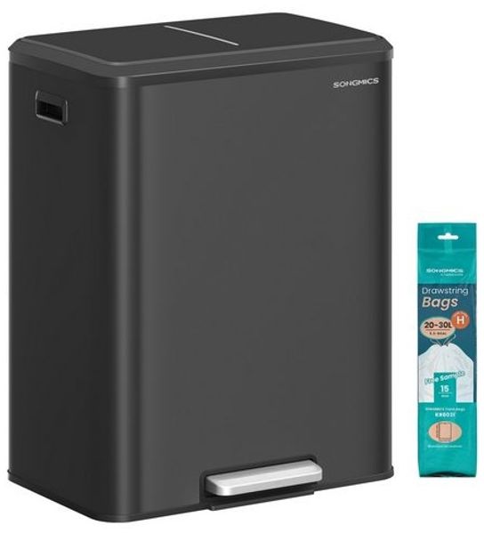SONGMICS Mülleimer Küche, Mülltrennsystem 2 x 30 L, 2 Fächer für Recycling und Restmüll, Abfalleimer, Inneneimer, Edelstahl, Softclose-Deckel, breites robustes Peda