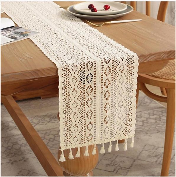 Agger Tischläufer Boho Tischläufer Vintage mit Fransen Tischdecke Tischläufer aus Spitze, für Couchtisch, Esstisch, Hochzeit, Partys