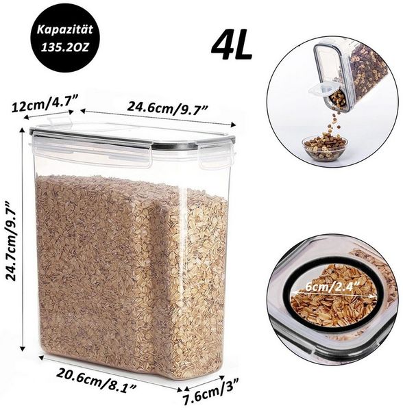 CALIYO Frischhaltedose 4L Behälter Küche mit Deckel für Trockenlebensmittel, Polypropylen (PP), (4-tlg, BPA frei Kunststoff Vorratsdosen luftdicht), 4-tlg, Satz mit 4 + 24 Etiketten für Getreide, Mehl, Zucker