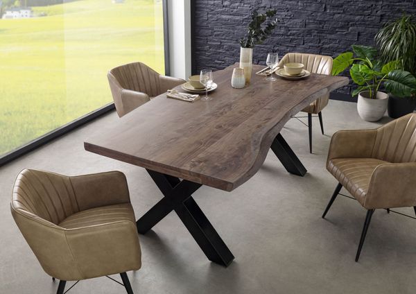 Baumtisch Akazie 200x100x77 grau lackiert / X-Beine anthrazit glänzend FREEFORM 5