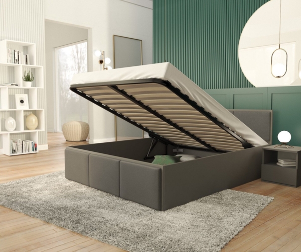 thematys Stauraumbett mit Bettkasten und Lattenrost 120x200, 140x200, 160x200, 180x200cm (Mit MATRATZE - Bettrahmen mit Bettkasten für viel Stauraum, MADE IN EU - in Grau,Weiß oder Eiche Braun, ideal für Paare), Metallrahmen mit hydraulischer Klappfunk...