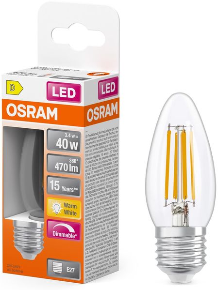 Osram LED Retrofit CLASSIC B DIM B-Form LED-Lampe Glas klar 3,4 W 470 lm 2700 K Dimmbar Energieeffizienzklasse: D CRI: 80