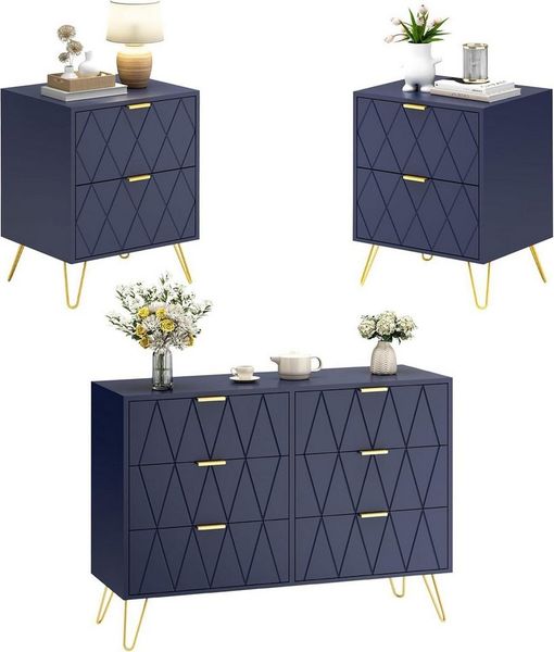 UEV Schlafzimmer-Set, 3er-Set Schlafzimmermöbel, Sparset Jugendzimmer-Set, (Kommode mit 6 Schubladen und 2er-Set Nachttisch, Modern Linienmuster, Skandinavisch Goldene Griffe und Füße), Schublade mit Soft-close, Sideboard mit Kisppschutz