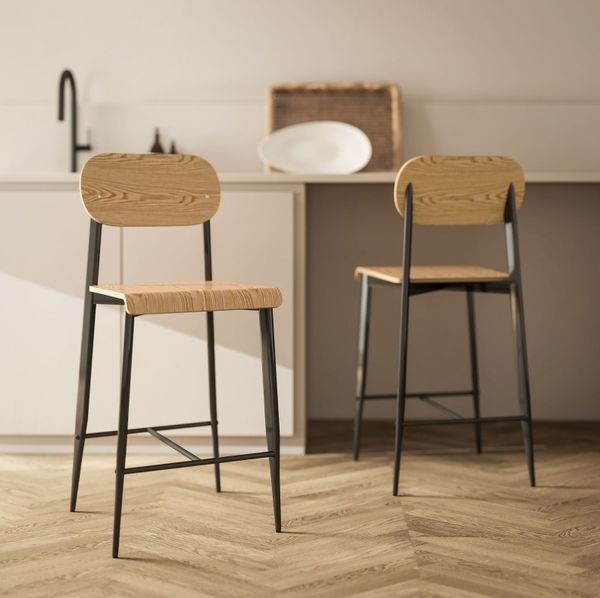 Barhocker 43 x 55 x 103 cm im 2er-Set – mit Fußstütze, Sitzhöhe 66 cm, Stahlgestell in Naturholzoptik