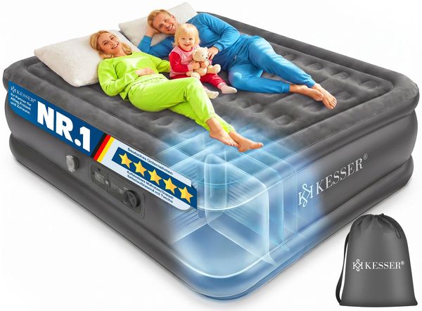 KESSER® Aufblasbare Matratze Luftbett mit eingebauter elektrischer Pumpe integrierte erhöhte aufblasbare Matratze für Übernachtungsgäste mit Aufbewahrungstasche Doppel, Grau / Anthrazit