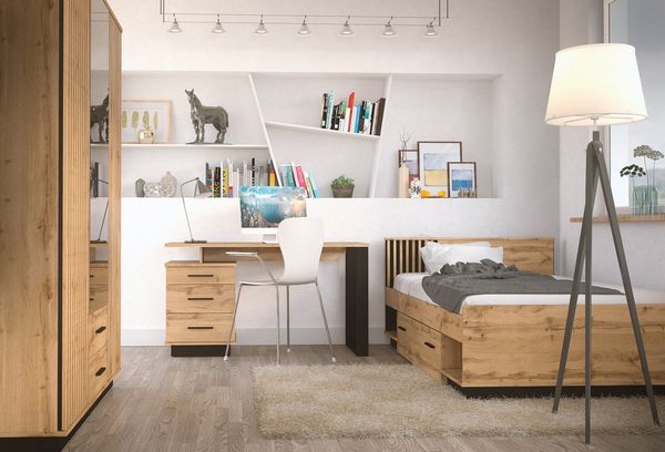 Jugendzimmer Lamelo Kinderzimmer Komplett Set in Eiche Wotan & Schwarz Matt, optional mit 7-Zonen-Kaltschaummatratze - Verschiedene Set Varianten - 5 teilig , Kleiderschrank + Jugendbett + Lattenrost + Schreibtisch + Matratze