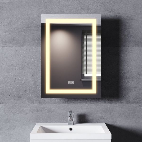 SONNI Badezimmerspiegelschrank Schiebetür Spiegelschrank bad mit beleuchtung 50 x 70 cm LED Licht Wandregal Hängeschrank Wandboard Schrank Regal Vitrine Badschrank