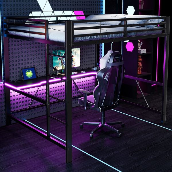 Hochbett mit RGB LED-Streifen, Schreibtisch, Trittleiter, Lattenrost, Steckdose, USB und Type-C, 160x200 cm, Kinderbett mit Rausfallschutz, Metallbett