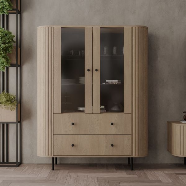 Ovalio Vitrine Typ 122 Standvitrine Schublade Modern Wohnzimmer Farbwahl Sandbeige, Cremona-Eiche und Dunin-Eiche