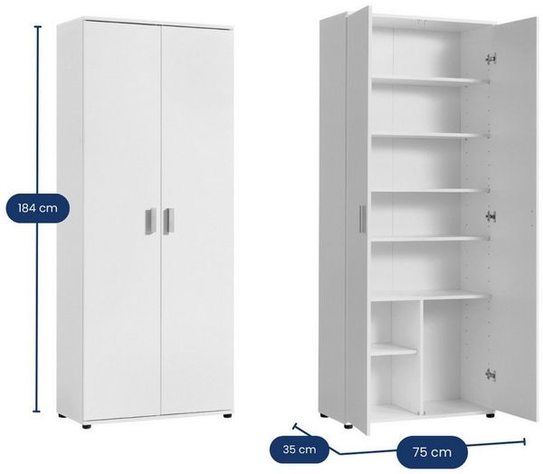 Home Collective Mehrzweckschrank 75 cm breit mit Einlegeböden 75x35x184 cm (BxTxH) Weiß mit 2 Türen & 6 Einlegeböden
