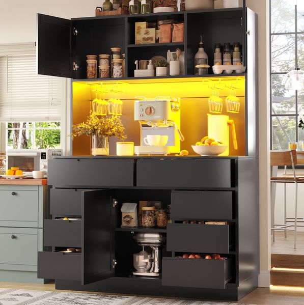 Hochschrank aus MDF mit LED-Beleuchtung & 8 Schubladen, 120 x 40 x 183,5 cm, Schwarz