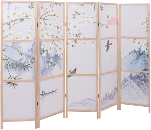 Paravent HWC-O70, Trennwand Sichtschutz Raumtrennung Naturmotive Holz MVG Polyethylen 170x227 cm ~ Flusslandschaft