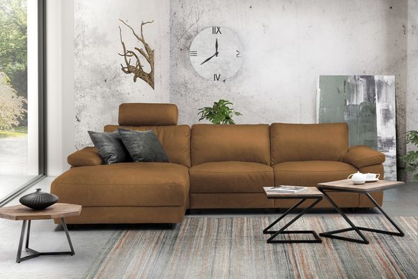 KAWOLA Sofa LOLA Ecksofa XL Leder cognac mit motorischer Relaxfunktion Recamiere links 84 x 178 x 304 cm