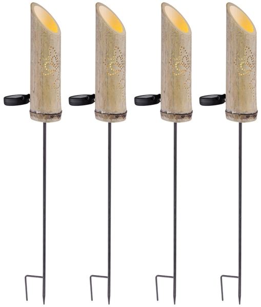 4er Set LED Solar-Steckleuchte, Bambus, Stanzungen, H 79,5 cm