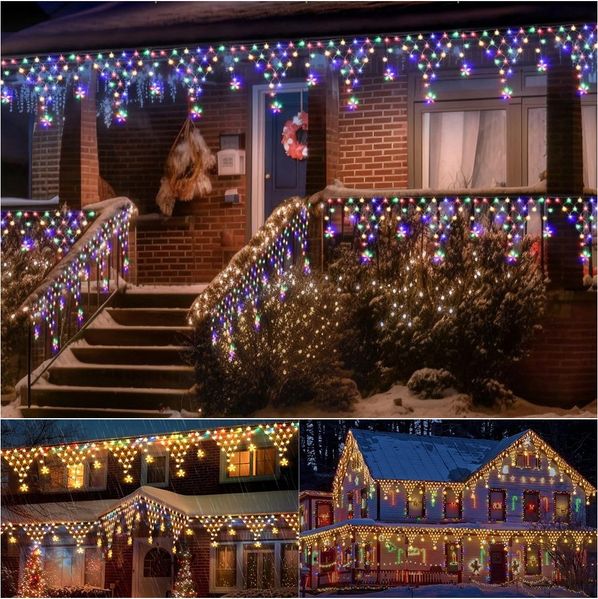 PRIISF LED-Lichternetz 4M LED-Lichtervorhang Stern Eisregen Lichterkette Weihnachtsdeko Xmas, Stern Lichterkettenvorhang Balkon Fenster Weihnachtsbeleuchtung 8 Modi