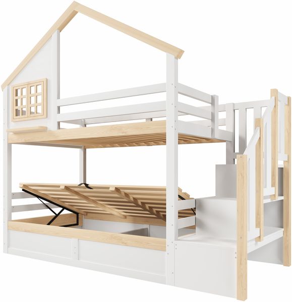 Merax Etagenbett, Kinderbett 90x200cm, Jugendbett, Hydraulische, mit Bettgitter, Stauraum unter dem Bett, Fenster- und Hausdekoration, Weiß + Natur Bild 8