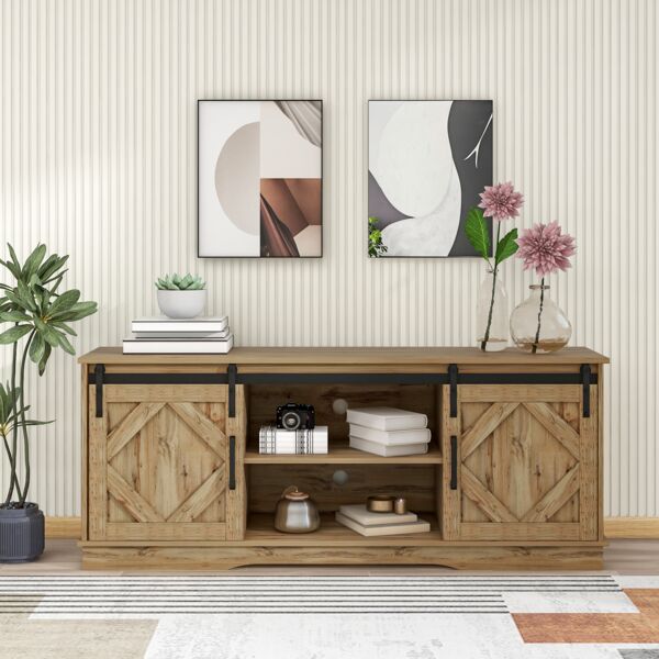 TV-Schrank 150 x 40 x 60 cm aus Spanplatte in Braun mit Schiebetüren & höhenverstellbaren Regalen