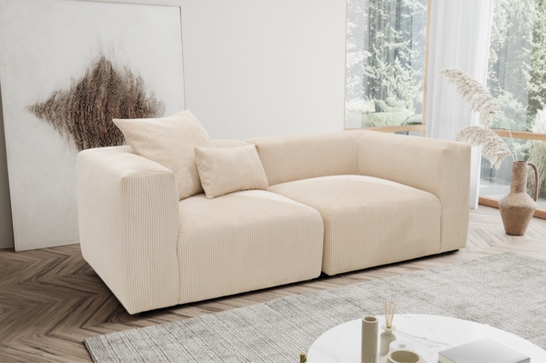 DOMO. collection Sofa 800011, 2 Sitzer, Rechteckig, individuell kombinierbar, Cord 2er Couch, modular, Polstergarnitur, 216 x 108 x 69 (BxTxH), creme