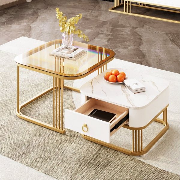 Odikalo Couchtisch Beistelltisch Sofatisch Kaffeetisch Marmoroptik Glasplatte Schubladen