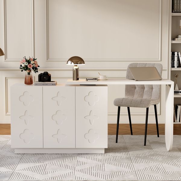 Schreibtisch mit drehbarer Tischplatte & Stauraumschrank, MDF, Weiß