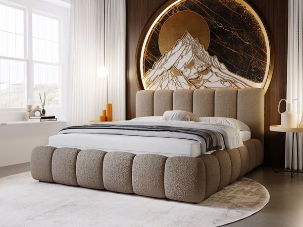 GRAINGOLD Cloud Bett 140x200, Polsterbett mit Bettkasten, Bouclé-Stoff, mit Kopfteil, Braun