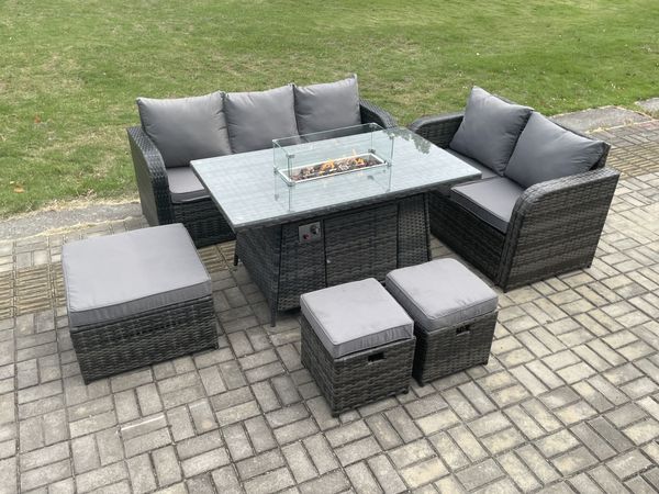 Fimous Polyrattan Gartenmöbel Set Garten Sofa im Freien Gasfeuerstelle Esstisch Set mit 3 Hockern Dunkelgrau Gemischt