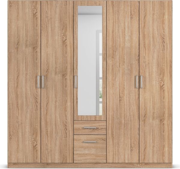 rauch Kleiderschrank, Drehtürenschrank BINGEN, 5-türig, 1 Spiegeltüre teilaufgelegt, 2 Schubkästen, Eiche Sonoma, 226 x 229 x 54 cm Bild 2