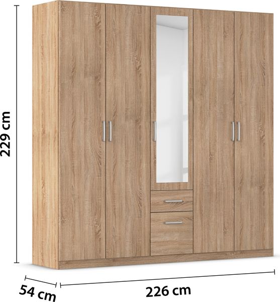 rauch Kleiderschrank, Drehtürenschrank BINGEN, 5-türig, 1 Spiegeltüre teilaufgelegt, 2 Schubkästen, Eiche Sonoma, 226 x 229 x 54 cm Bild 4