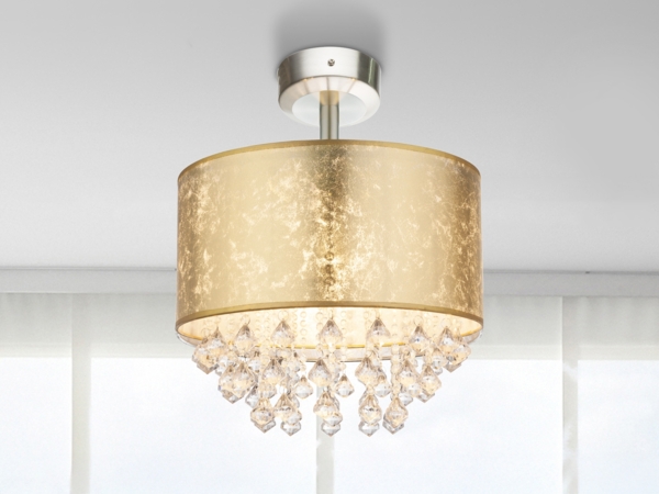 LED Deckenleuchte mit Stoff Lampenschirm Gold & Kristall Behang, Ø 40cm