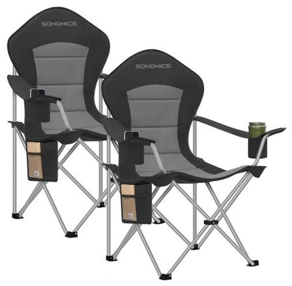SONGMICS Campingstuhl 2er Set, klappbar, Klappstuhl, breiter Sitz, hohe Rückenlehne, Outdoor-Stuhl, tragbar, Outdoor-Stuhl, Getränkehalter, Handyhalter, Stoff-Organizer, schwarz-grau