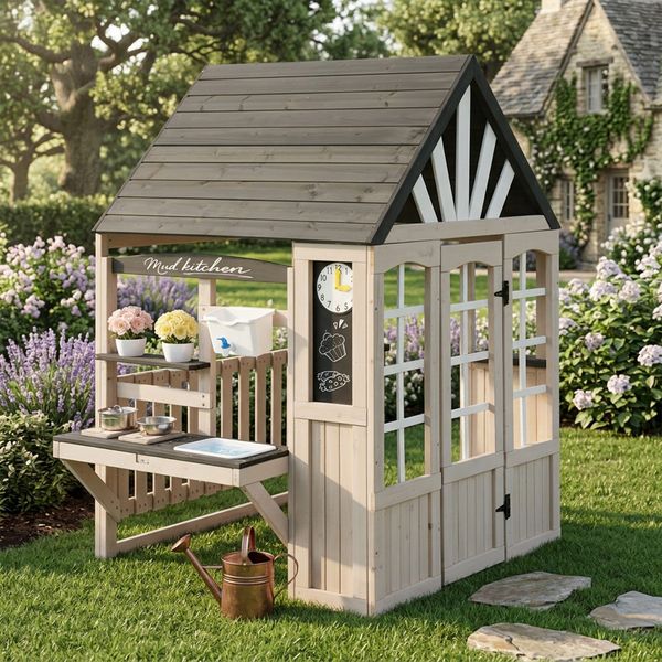 Merax Outdoor-Spielküche Massivholz, Hausform Kinderküche Spielhaus mit echtem Wasserhahn 138x109x164cm