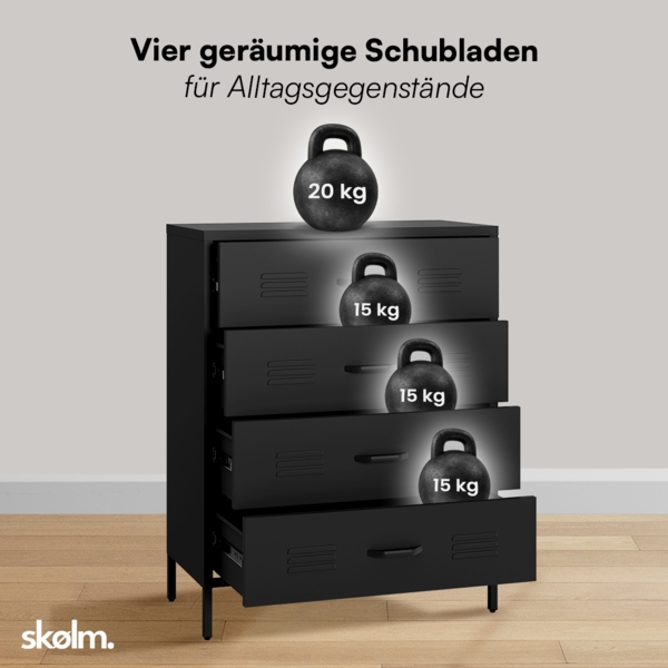 skølm 'Atria' Metallkommode, schwarz, 100x40x80 cm, Metallschrank mit 4 Schubladen Bild 5