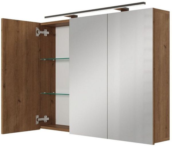 Planetmöbel ARIA Spiegelschrank Bad mit Beleuchtung 100 cm breit | Badschrank hängend mit Spiegel | Gold Eiche, mit Leuchte und Steckdose, Spiegelschrank Gäste WC 100 x 70 x 16 cm