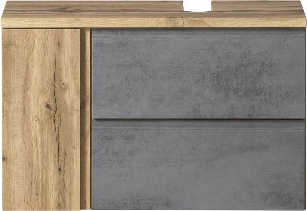 Waschbeckenunterschrank >Paris< in Betongrau, Wotaneiche, MDF - 85x54x35 (BxHxT)