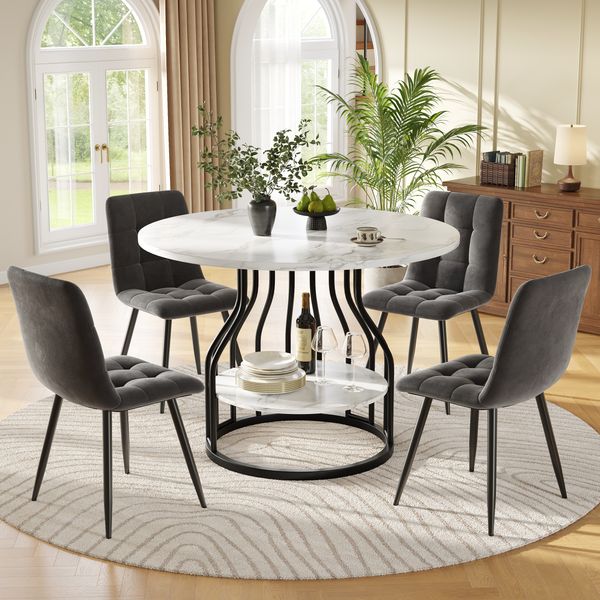 Esstisch-Set, 5-teiliges Küchen-Esstisch-Set mit 4 Stühlen rund Ø80cm schwarze Metallbeine MDF-Marmorplatte graue Samtstühle, MDF+Metall+Samt, Grau+Schwarz, Ø80cm