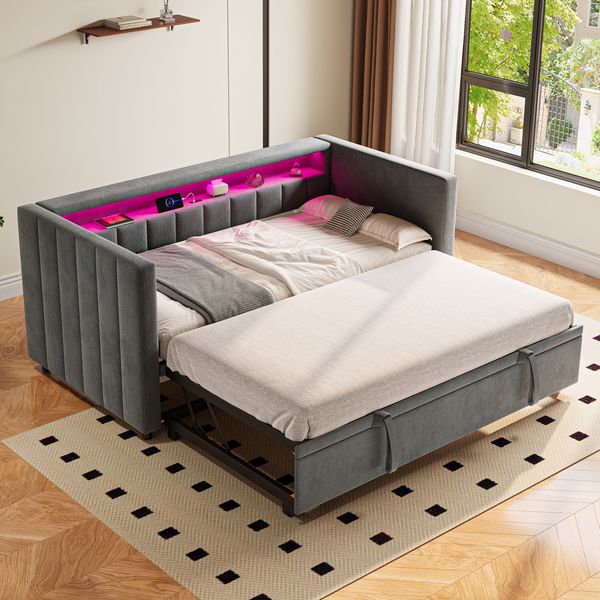 Multifunktionales Schlafsofa, Ausziehbares Bett, USB-Type-C-Anschluss, LED-Ambiente, Samtbezug & Stauraum, Gray, 90 x 190 cm